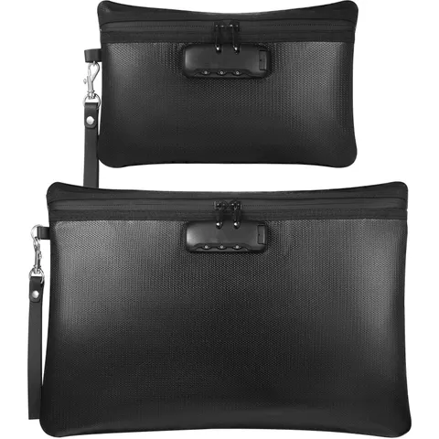 Fireproof Safe Money Document Bag With Lock 2 Pcs Waterproof Zipper A4 Black