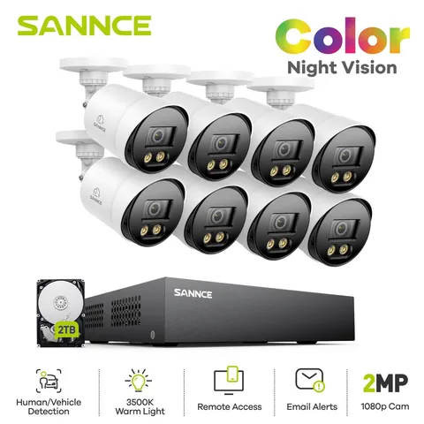 SANNCE 8CH 5in1 DVR 1080P Full Color Night Vision CCTV System Security Camera AI