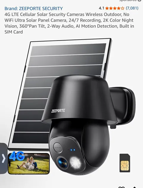 ZEEPORTE SECURITY 4G LTE Solar PTZ Outdoor Camera 2K Color Night, 2-Way