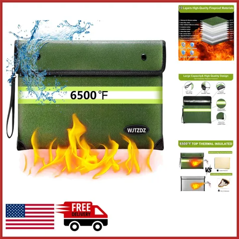 Fireproof Money Bag with Zipper for Cash and Documents, Waterproof Deep Green