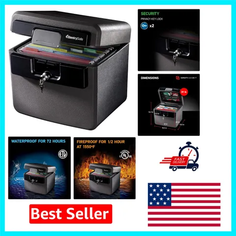 Stylish Black Fireproof & Waterproof Safe with Key Control, 14.3x15.5x13.5