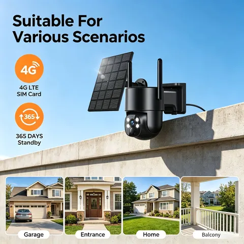 4G Solar Security Camera Wireless Outdoor, IP65 Waterproof, 6MP