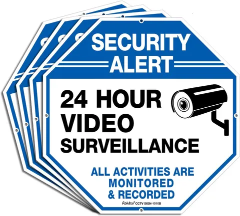 (4 Pack)"Security Alert - 24 Hour Video Surveillance, All Activities Monitored"