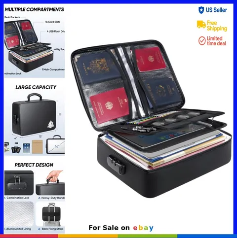 Fireproof Document Bag Portable Waterproof File Organizer Box Lock 15x11x4