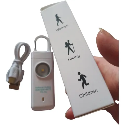 White Rechargeable Personal Alarm 130dB with Flash Light, USB Charger, Keyring