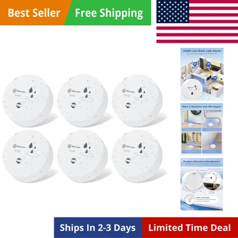 6 Pack Water Leak Detectors, 100dB Water Sensor Alarms Flood Detector for Bas...