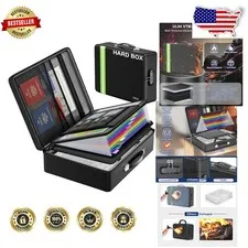 Fireproof Document Box 15" Black Hard Shell Safe Lock Waterproof Organizer