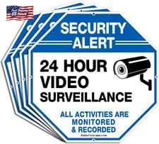 (4 Pack)"Security Alert - 24 Hour Video Surveillance, All Activities Monitored"