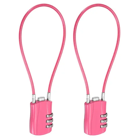3-Digit Combination Padlock with Coated Steel Wire Rope (9.8", Rose Red) (2Pcs)