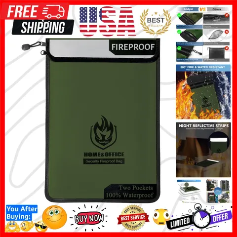 Upgraded Two Pockets Fireproof Document Bag 2000℉, 15”x 11”Waterproof Firepro...