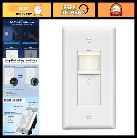 Motion Sensor Switch with LED Guide Light, 1200 Sq Ft Coverage, No Neutral, Adju