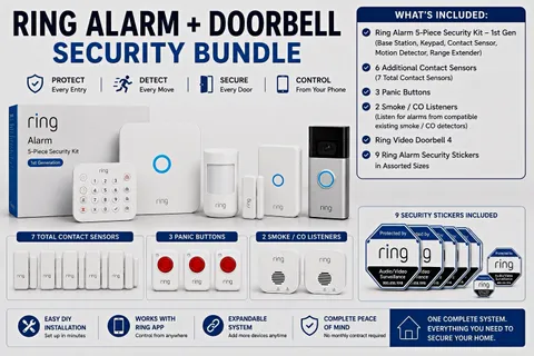 Ring Alarm Kit + Doorbell 4 Wireless Wi-Fi w/ Base, Keypad, Sensors, Ext