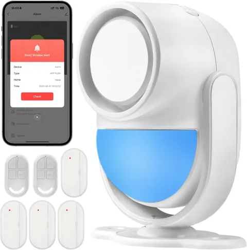Wifi PIR Motion Detector Alarm with 4 Door Sensors and 2 Remote, Home Alarm Syst