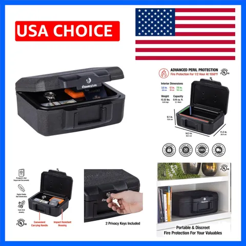 Fireproof Money Safe with Key Lock, Black Lock Box with Portable Carrying Han...