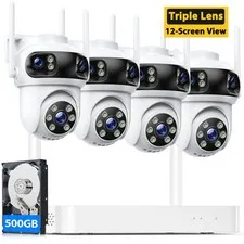 10CH NVR 3K Security Camera System 4x Triple-Lens WiFi Outdoor 3-Screen Cams+HDD