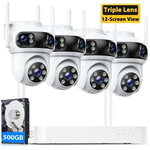10CH NVR 3K Security Camera System 4x Triple-Lens WiFi Outdoor 3-Screen Cams+HDD