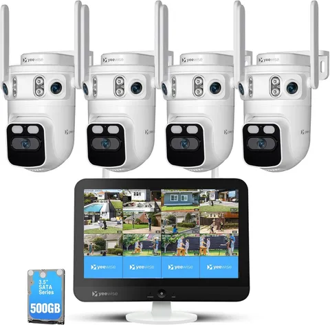 Triple Lens Wireless Security Camera System with 12" Monitor, 180° Wide View + 3