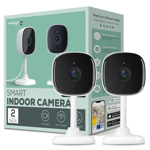 Merkury Smart Indoor Camera 1080p - Wi-Fi Security Cam with Night Vision, White 