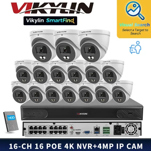 VIKYLIN SmartFind MD 16POE 16CH NVR Full Color 4MP Security Camera Systems Lot