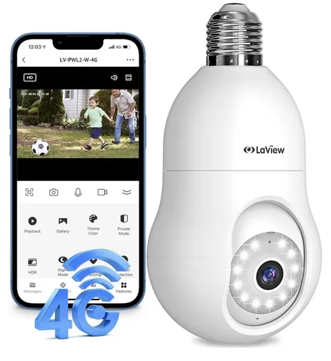 2 PcsLaView 4G LTE 2K 4MP 360° Wireless Light Bulb Security Camera Motion Alarm