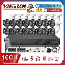 Vikylin 4K 16CH 16POE NVR CCTV System 8MP IP Camera Full Color Audio Outdoor Lot