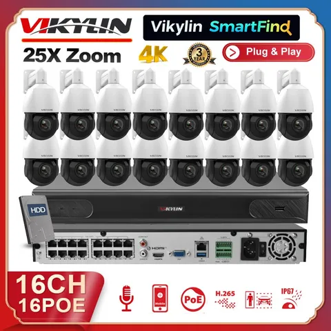 Vikylin SmartFind 4K 16ch POE 8MP 25X PTZ Camera IR 2Way Audio Auto Tracking Lot