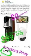 Wireless Solar Video Doorbell Camera Chime Pro, 2K Wide-Angle,WiFi,NO FEES,Alexa