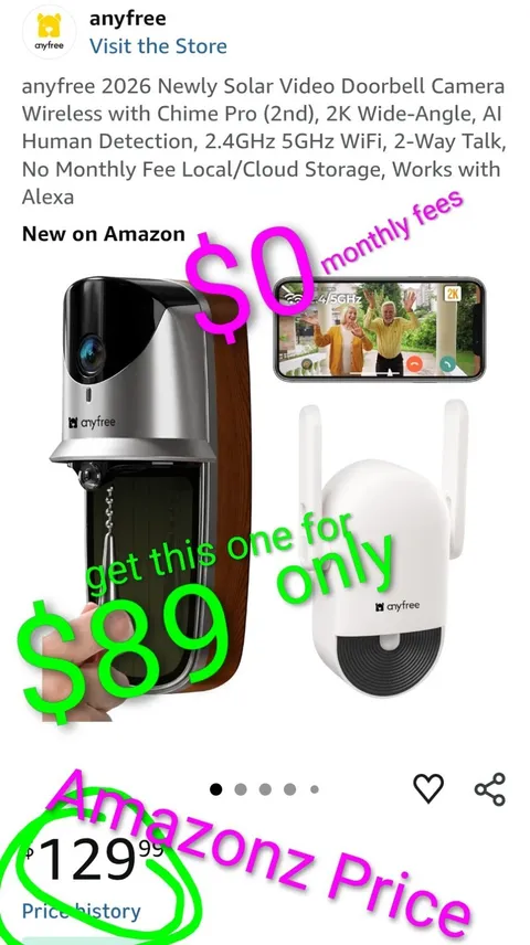 Wireless Solar Video Doorbell Camera Chime Pro, 2K Wide-Angle,WiFi,NO FEES,Alexa