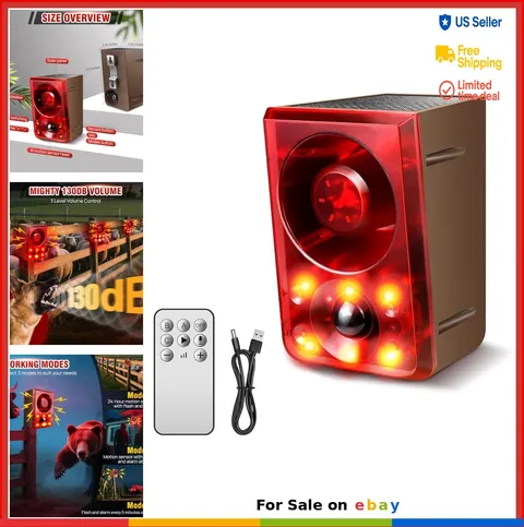 Solar Outdoor Motion Sensor Alarm 130dB Dog Barking Gunshot Sound Strobe Light