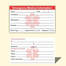 Emergency Medical Information ID Card Pack of 5 Emergency Contact ID Cards for W