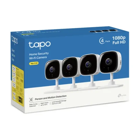 Tapo 1080P Indoor Wired Security Camera, White. Model: C100(4-Pack)