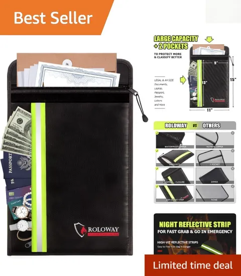 Safe Fireproof Envelope for Cash & Legal Documents - 15x11, Black Dual-Pocket