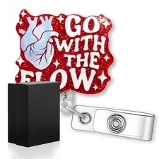 Go with The Flow Funny Glitter Heart Badge Reel with ID Clip, Retractable Bad...