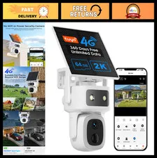 4G LTE Solar Wireless Security Camera, 360° PTZ, 2K Color Night Vision, SIM Card
