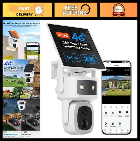 4G LTE Solar Wireless Security Camera, 360° PTZ, 2K Color Night Vision, SIM Card