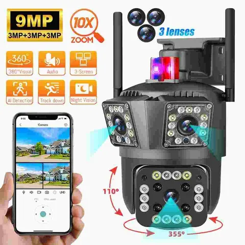 3Lens 9MP WiFi APP Camera Wireless Outdoor CCTV PTZ Home Security Cam 1080P HD