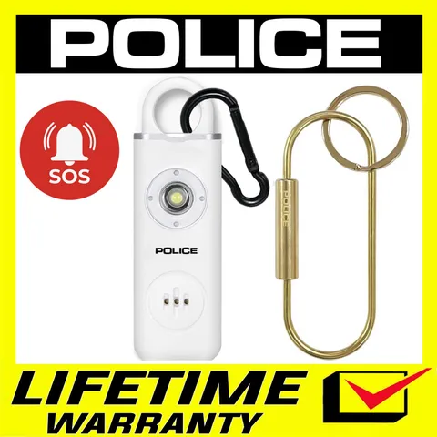 POLICE Personal Alarm Keychain Rechargeable Flashlight Emergency Siren White