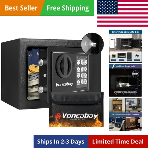 Money Safe Box for Home with Sensor Light & Fireproof Money Bag - 0.23 Cubic ...