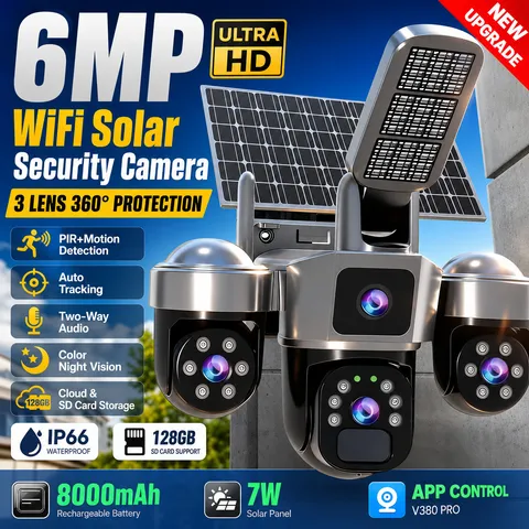 6MP Triple Lens Solar Security Camera Wireless Outdoor Street Light WiFi PTZ Cam