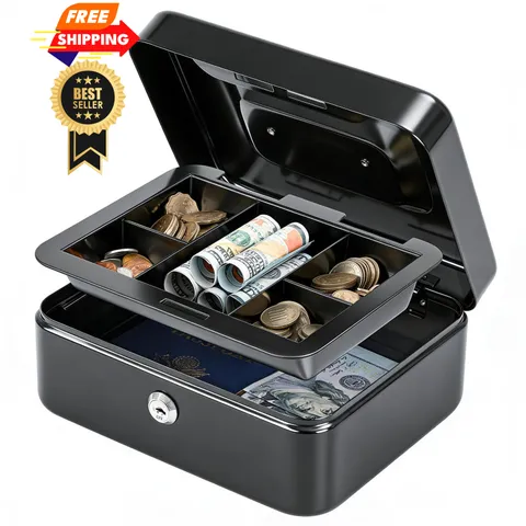KYODOLED Medium Cash Box with Removable Money Tray, Key Lock Medium, Black