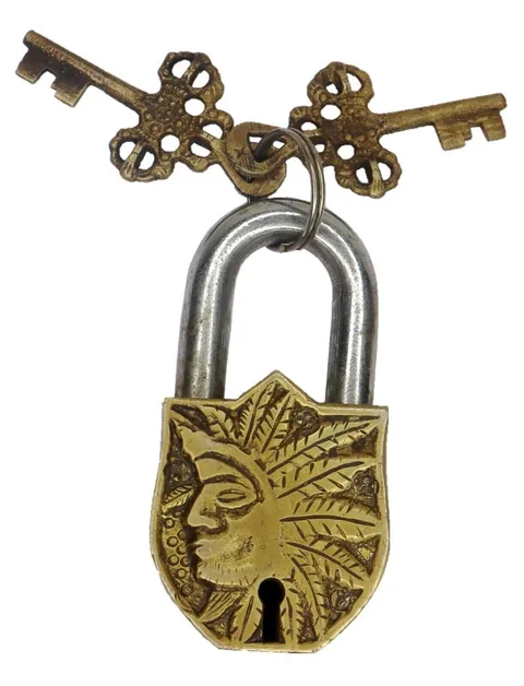 Tribal Man Face Shape Lock Antique Finish Brass Handmade Padlock & Working Keys