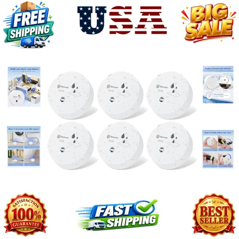 6 Pack Water Leak Detectors, 100dB Water Sensor Alarms Flood Detector for Bas...