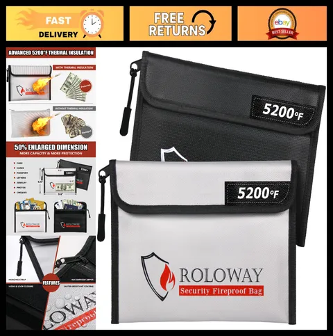 Fireproof Money Bag 2-Pack - Heat Insulated, Zippered Safe Storage, 5200℉