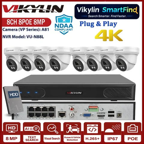 Vikylin Smartfind 8CH 8POE NVR 4K 8MP Security Camera Systems IP Camera POE Lot