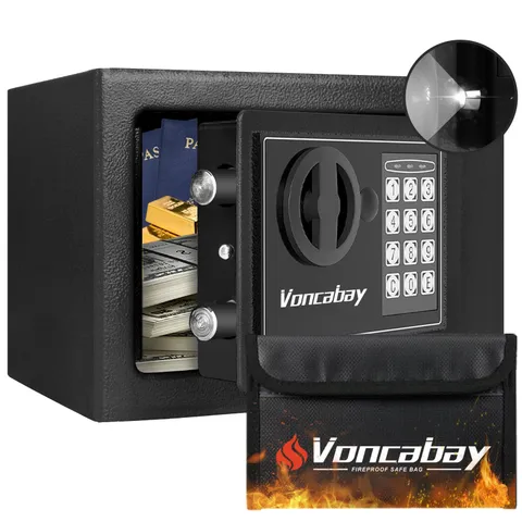Money Safe for Home with Light & Fireproof Money Bag - 0.23 Cubic Feet Safe w...