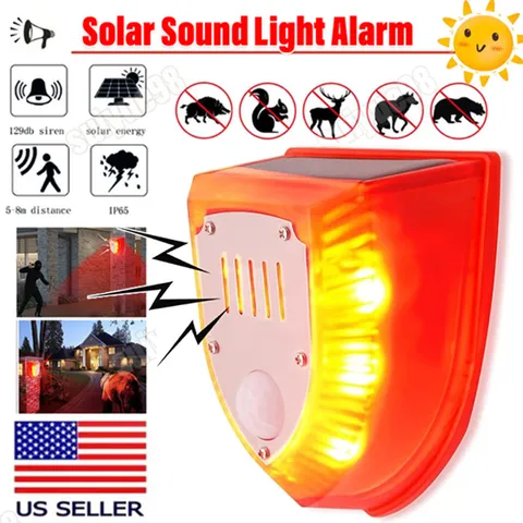 Solar Outdoor Motion Sensor Alarm-129db Dog Barking & Gunshot Sound USB Charge