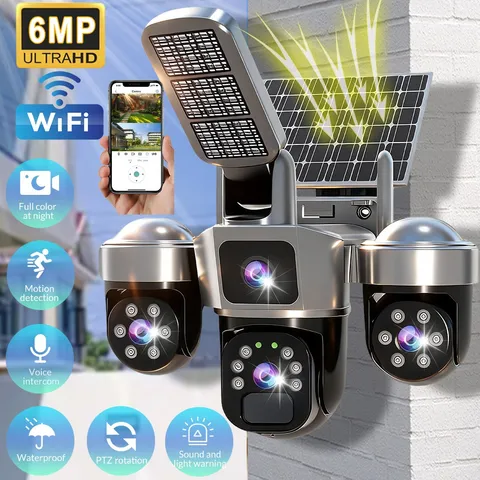6MP Solar Security Camera Outdoor WiFi Wireless 3Lens PTZ Street Light IP Camera