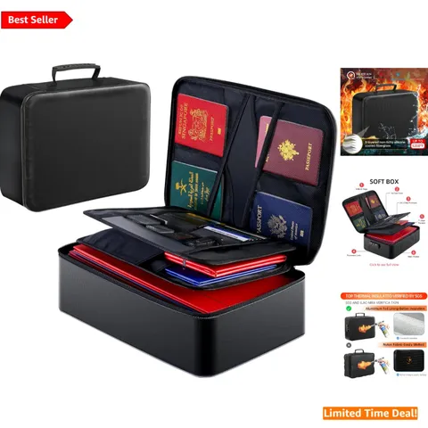 Elegant Black Fireproof Document Bag with 36 Compartments & Combination Lock