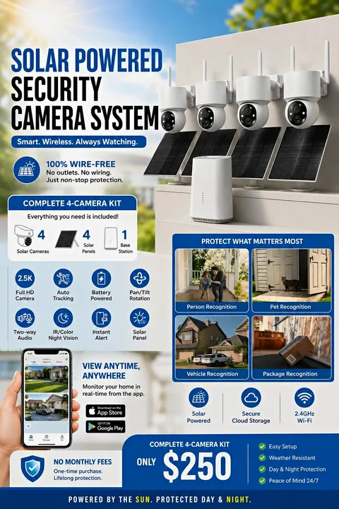 Solar/Battery Wireless Wi-Fi 4-Cam Security System w/ Base Station White
