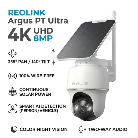 Reolink Argus PT Ultra 4K UHD 8MP Outdoor Security Camera 360 View Tilt Solar
